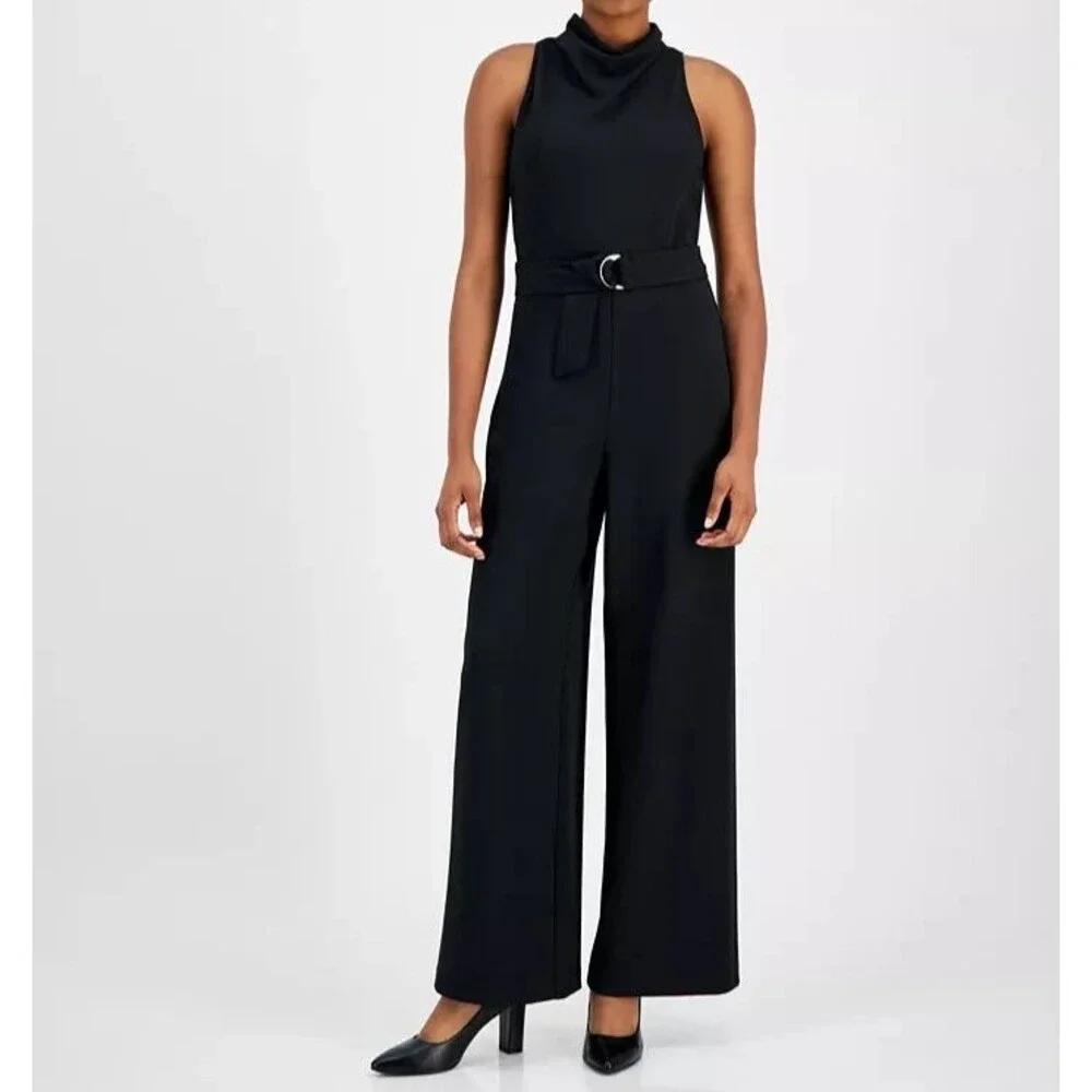 Anne Klein Women's Trendy Chic Cowlneck Wide-Leg Jumpsuit Deep Black 6 (NO BELT)